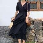 Open-back Short-sleeve Midi A-line Dress Black - One Size