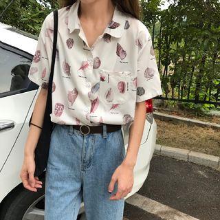 Short Sleeve Shell Print Blouse As Shown In Figure - One Size