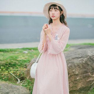 Floral Embroidered Mesh Long-sleeve A-line Midi Dress