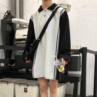 Two-tone Long-sleeve Polo Shirt Black & Light Gray - One Size