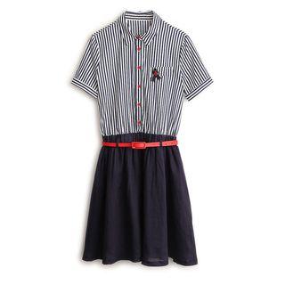 Mock Two Piece Striped Short Sleeve Shirtdress