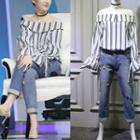 Off-shoulder Stripe Top/applique Jeans