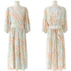 Short-sleeve Floral Midi A-line Dress Tangerine Floral - Light Blue - One Size