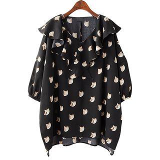 Owl Printed Short Sleeve Chiffon Blouse