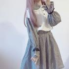 Set: Plaid Panel Long-sleeve Top + Mini Skirt