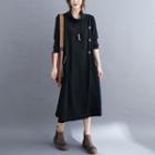 Contrast Pocket Long-sleeve Midi A-line Dress