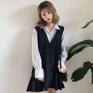 Mock Two-piece Long-sleeve Striped Panel Mini Dress Blue - One Size