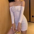 Long-sleeve Off-shoulder Ruched Mini Dress