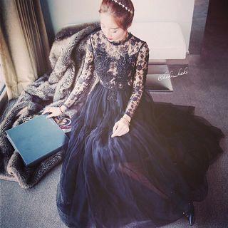 Long-sleeved Floral Embroidered Crewneck Cutout Panel Lace Dress