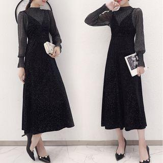 Set: Balloon-sleeve Blouse + Spaghetti Strap Midi A-line Dress