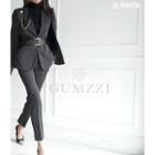 Set: Lapelless Belted Pinstripe Cape Blazer + Straight-cut Pants