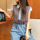 Fringed Hem Cropped Short-sleeve Blouse Blue - One Size