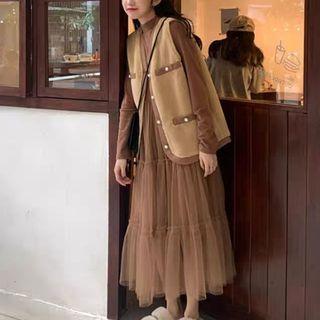 Set: Long-sleeve Midi A-line Mesh Dress + Button-up Vest