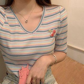 Short-sleeve Striped Knit Top Stripe - Multicolour - One Size