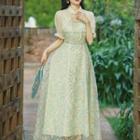 Set: Spaghetti Strap Lace Midi A-line Dress + Puff-sleeve Crop Top