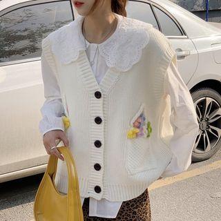 Long-sleeve Lace Collar Blouse / Floral Button-up Sweater Vest