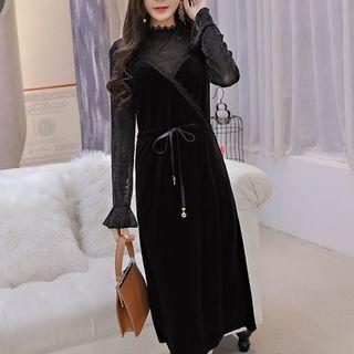 Set: Long-sleeve Glitter Top + Lace Trim Spaghetti Strap Dress