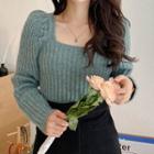 Square-neck Puff-sleeve Ribbed Sweater