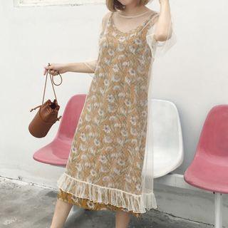 Set: Frill Trim Elbow Sleeve Mesh Dress + Floral Print Spaghetti Strap Dress