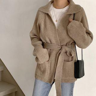 Open-front Ribbed Wool Blend Cardigan With Sash