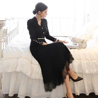 Set: Lace Trim Blouse + Midi A-line Skirt Set Of 2 - Top - Black - One Size / Skirt - Black - One Size