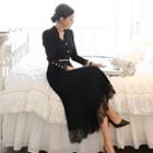 Set: Lace Trim Blouse + Midi A-line Skirt Set Of 2 - Top - Black - One Size / Skirt - Black - One Size