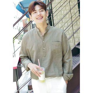 Mandarin-collar Half-placket Linen Shirt