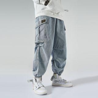 High-waist Applique Cargo Jeans