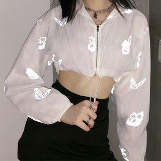 Cropped Butterfly Print Hooded Zip Jacket White - One Size