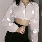 Cropped Butterfly Print Hooded Zip Jacket White - One Size