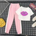 Set: Lips Print Short-sleeve T-shirt + Contrast Color Sweatpants