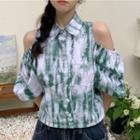 Cold-shoulder Puff-sleeve Tie Dye Crop Shirt