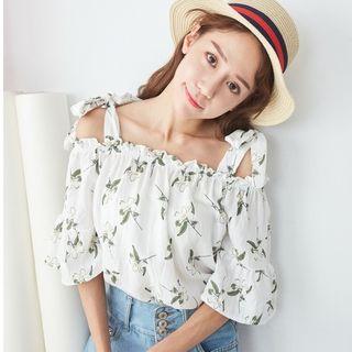 Off Shoulder Bell Sleeve Print Top White - One Size