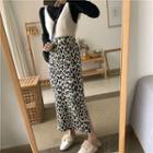 Long-sleeve Turtle-neck Knit Top / Leopard-print Midi Fitted Knit Skirt / Knit Vest