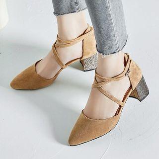 Cross Strap Chunky Heel Pointed Pumps