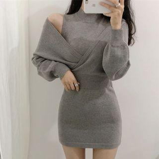 Set: Sleeveless Mock-neck Knit Mini Sheath Dress + Sweater