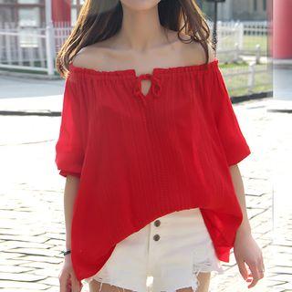 Embroidered Off Shoulder Elbow Sleeve Top