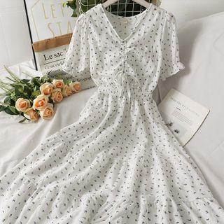 Printed Drawstring V-neck Midi Dress