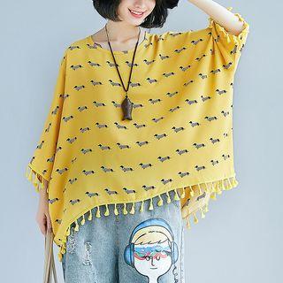 Tasseled Printed 3/4 Sleeve T-shirt