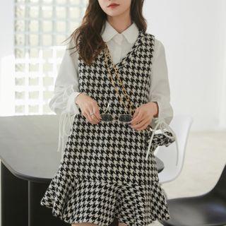 Set:plain Lace-up Long-sleeve Shirt + Houndstooth Acrylic Sleeveless Fishtail Dress