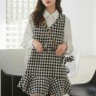 Set:plain Lace-up Long-sleeve Shirt + Houndstooth Acrylic Sleeveless Fishtail Dress