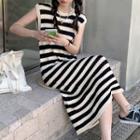 Sleeveless Striped Pointelle Knit Midi Smock Dress Stripe - Black & Almond - One Size