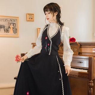 Set: Ruffled Blouse + Floral Embroidered Vest + Midi A-line Skirt