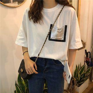 Elbow-sleeve Sequined Pocket T-shirt