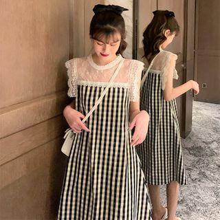 Plaid Sleeveless Lace Dress As Shown In Figure - One Size