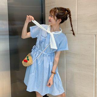 Plaid Tie-neck Short-sleeve Mini A-line Dress Plaid - Blue - One Size