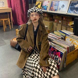 Lettering Patch Single-breasted Corduroy Blazer / Shirt / Checkered Midi A-line Skirt