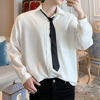 Long-sleeve Plain Shirt / Long-sleeve Snake Print Shirt / Tie / Set