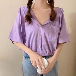 Elbow-sleeve Button-up Hooded Top