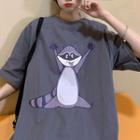 Elbow-sleeve Raccoon Print T-shirt